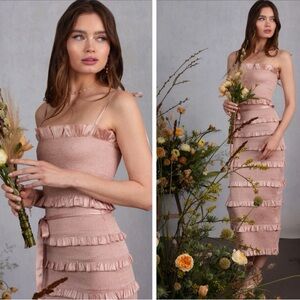 NWT V. Chapman Lily Ruched & Ruffled Stretch Satin
Midi Dress Dusty Rose Sz 12